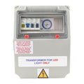 Grey Aqua Pro DB Box 18V electrical enclosure with circuit breakers, analog timer, and LED transformer label on white background