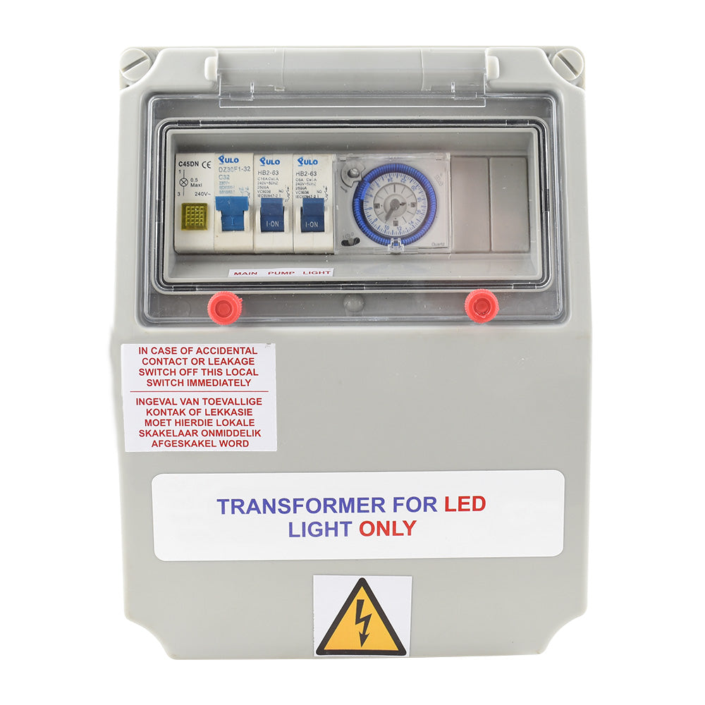 Grey Aqua Pro DB Box 18V electrical enclosure with circuit breakers, analog timer, and LED transformer label on white background