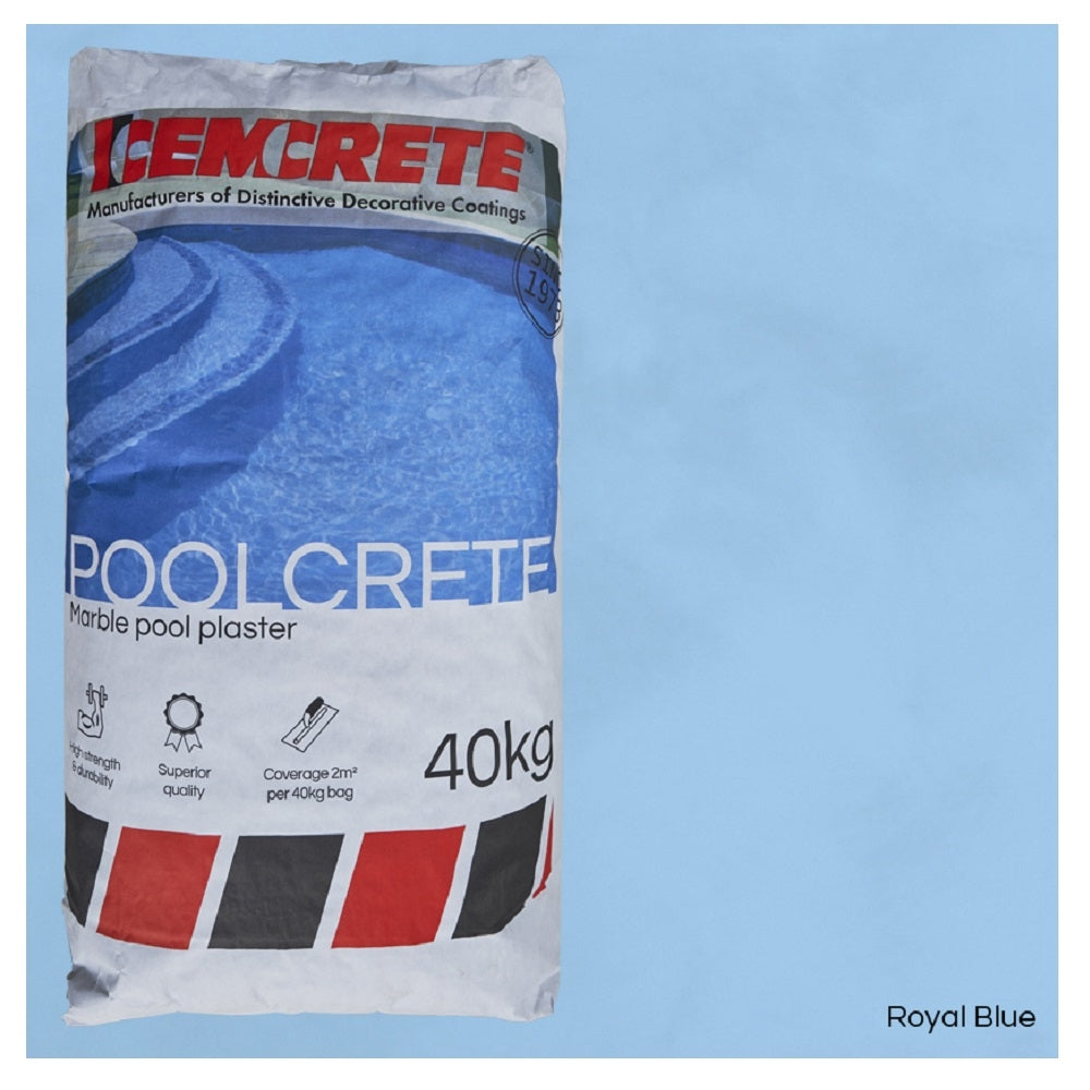 Cemcrete Poolcrete marble pool plaster 40kg bag in Royal Blue with white and red striped packaging