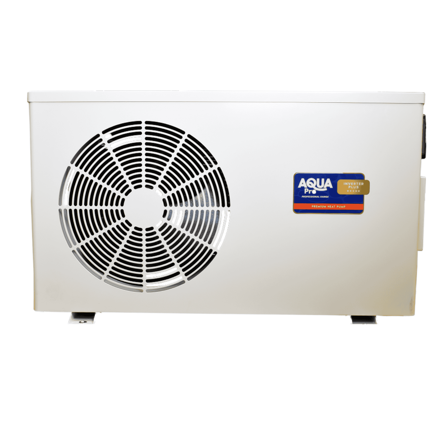 Aqua Pro 17kW Inverter Plus pool heat pump, white rectangular unit with large circular fan grille and branded badge on white background