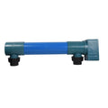 PVC pool heater casing with blue cylinder body, teal fittings, black union connectors and rectangular york box outlet