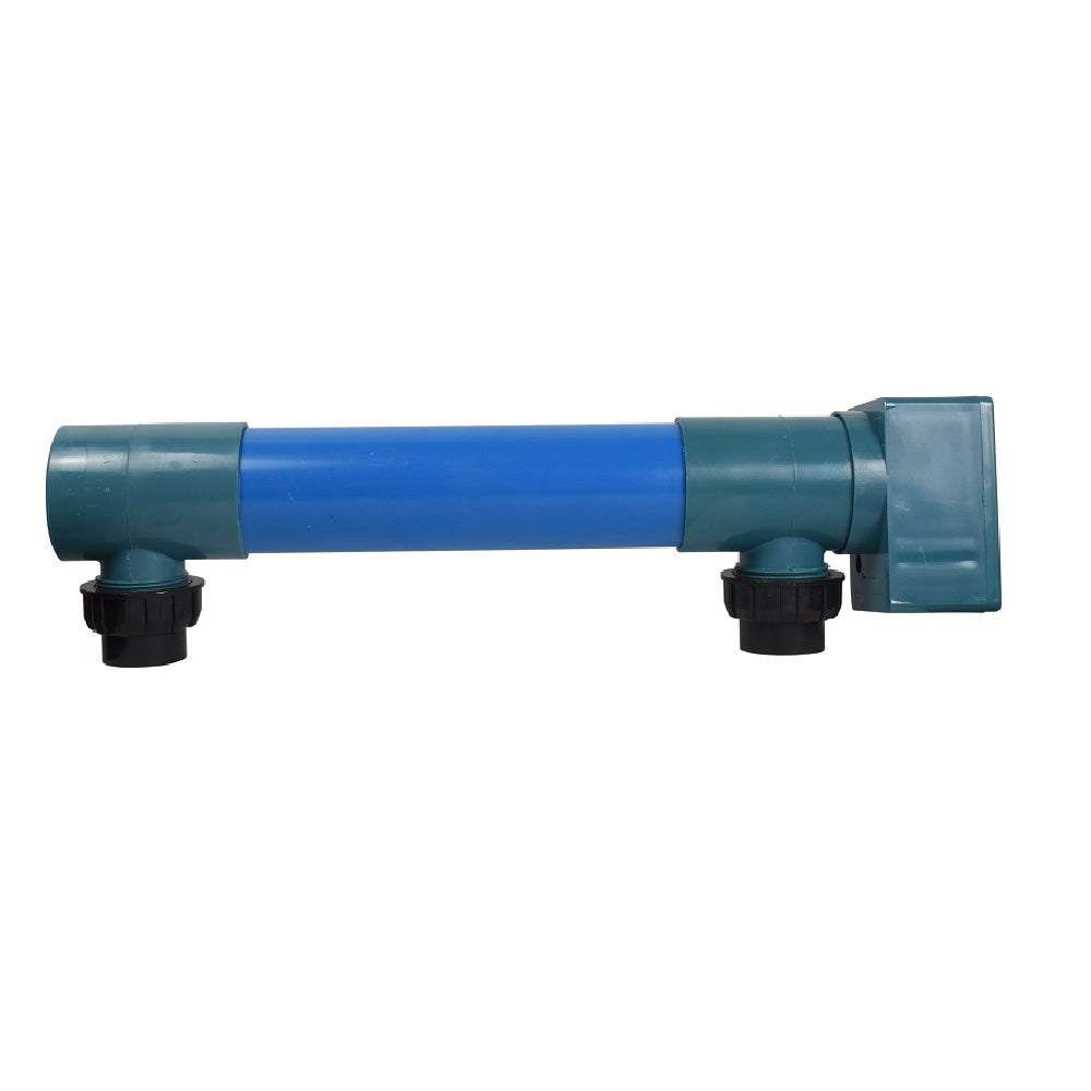 PVC pool heater casing with blue cylinder body, teal fittings, black union connectors and rectangular york box outlet