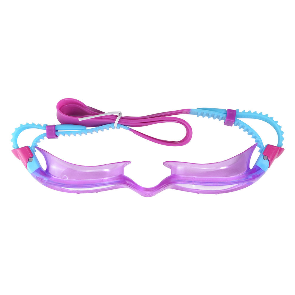 Zoggs Phantom Junior swim goggles in purple with blue textured strap and pink accents, rear view on white background