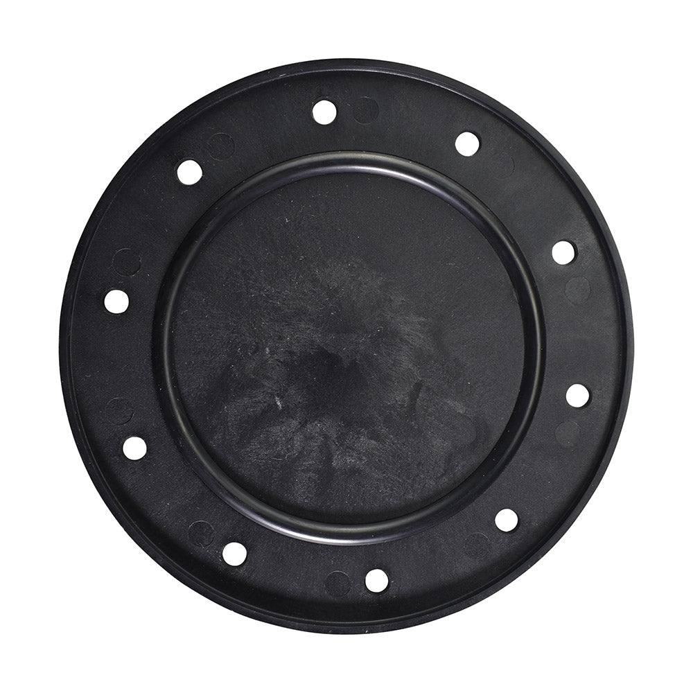 Black round filter lid with O-ring seal and bolt holes around flanged outer rim, matte rubber finish, flat circular design