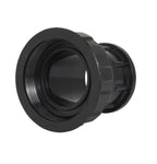 Black plastic pump half union fitting with female threaded flange, knurled locking collar and hollow barrel connector