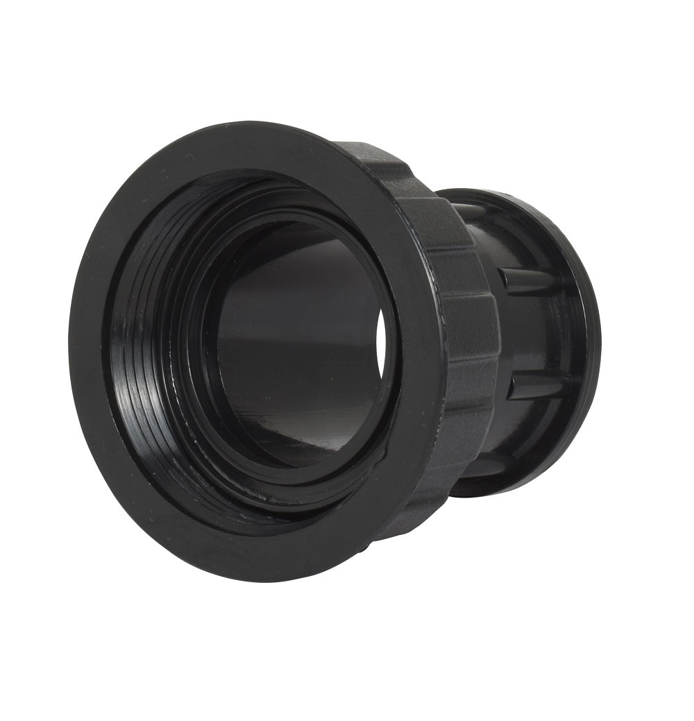 Black plastic pump half union fitting with female threaded flange, knurled locking collar and hollow barrel connector