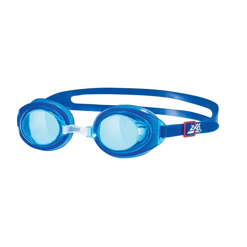 Zoggs Otter adult swim goggles in blue with tinted blue oval lenses, white nose bridge and red logo buckle clip