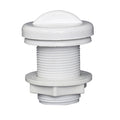 White plastic spa air control button with domed top, threaded barrel, and hex lock nut base