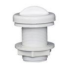 White plastic spa air control button with domed top, threaded barrel, and hex lock nut base