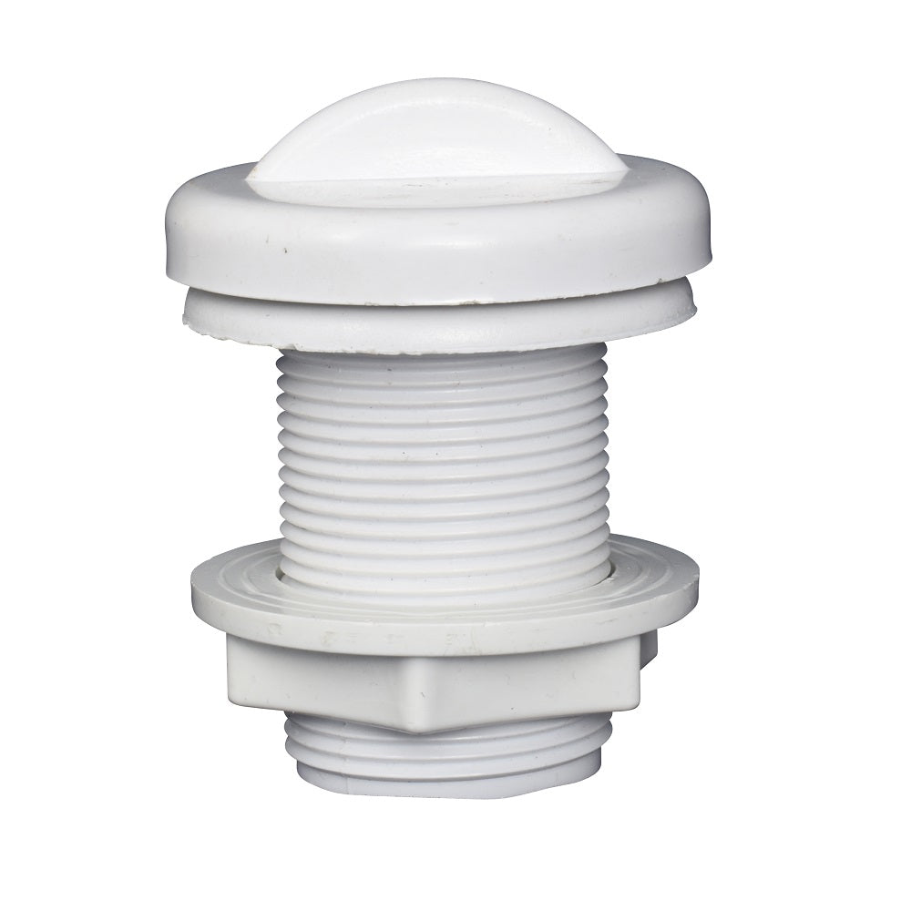 White plastic spa air control button with domed top, threaded barrel, and hex lock nut base