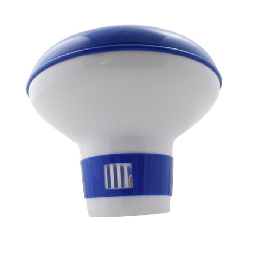 Aqua Pro floating pool chlorine dispenser in white and blue plastic with adjustable vent collar