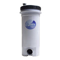 White cylindrical spa cartridge filter body with black screw-on lid, bottom outlet port and Quality Pool & Spa Products branding