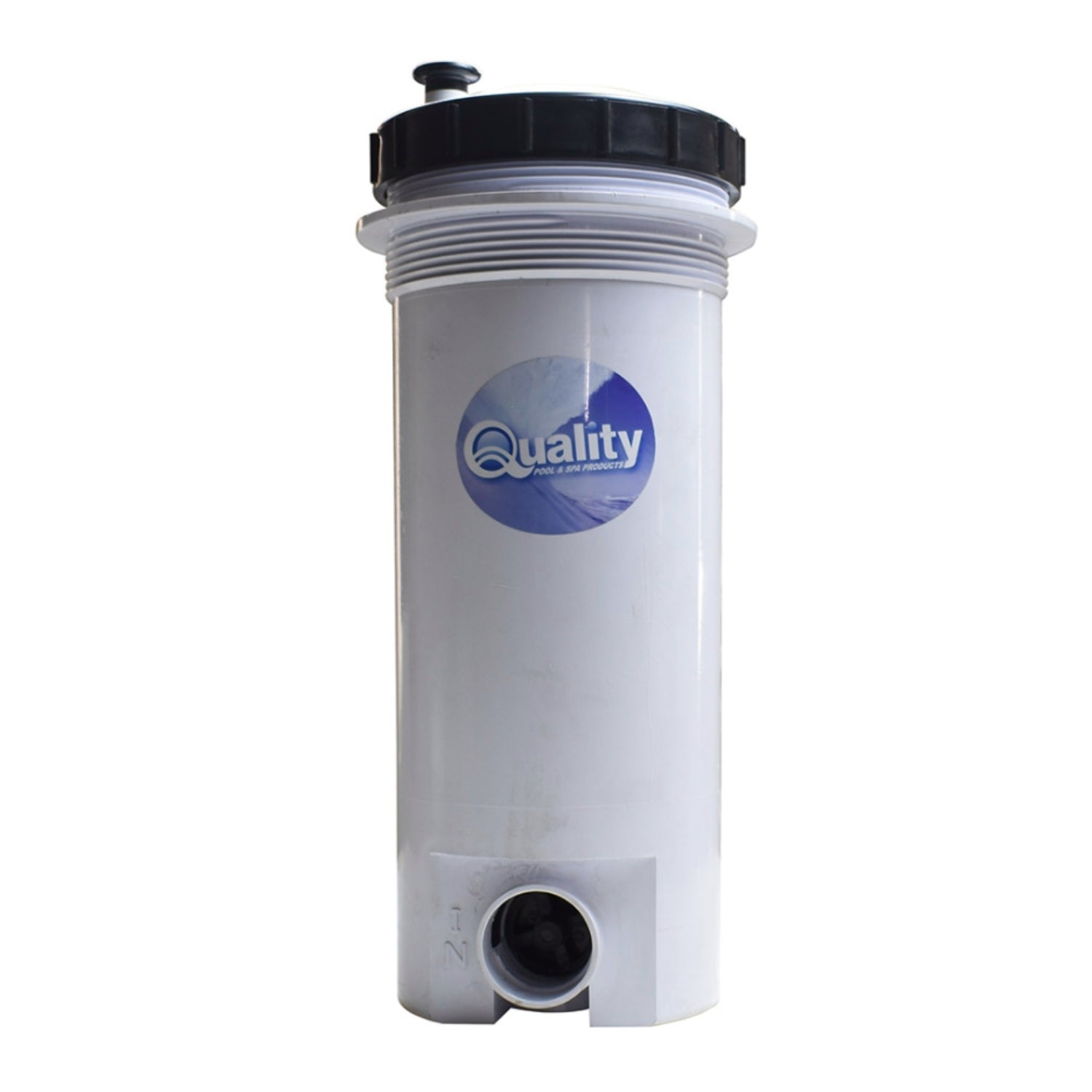 White cylindrical spa cartridge filter body with black screw-on lid, bottom outlet port and Quality Pool & Spa Products branding