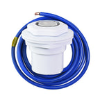 White plastic pool LED light fitting with central lens, flanged mount, and coiled blue electrical cable with exposed copper wire end