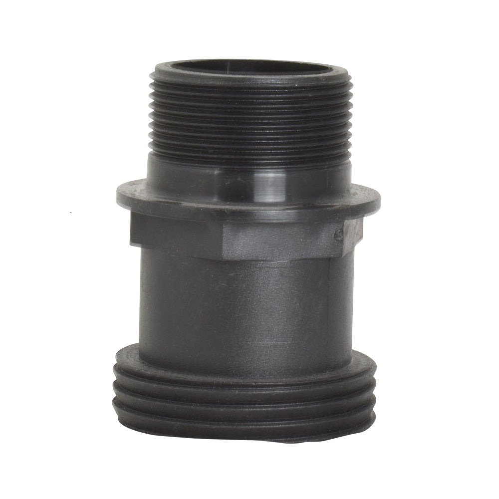 Black plastic male threaded union bush pipe fitting with fine upper threads, coarse lower threads and centre flange collar