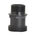 Black plastic male threaded union bush pipe fitting with fine upper threads, coarse lower threads and centre flange collar