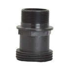 Black plastic male threaded union bush pipe fitting with fine upper threads, coarse lower threads and centre flange collar