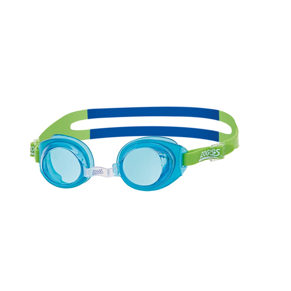 Zoggs Little Ripper kids swim goggles with blue tinted lenses, green frame and dual blue-green adjustable strap