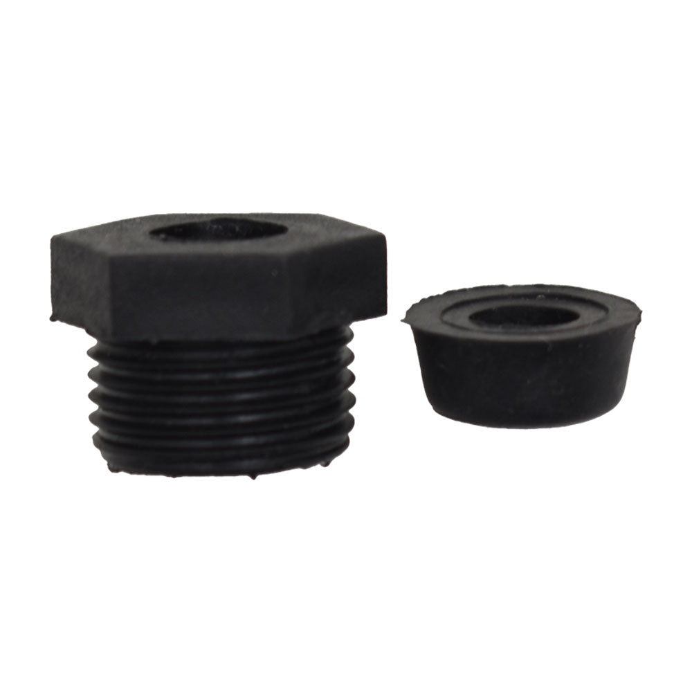 Black plastic light gland nut with hex head and male threads alongside matching rubber seal washer