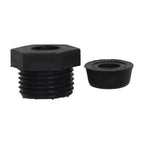 Black plastic light gland nut with hex head and male threads alongside matching rubber seal washer