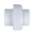 White PVC pipe union fitting with ribbed textured centre flange and smooth socket ends on both sides