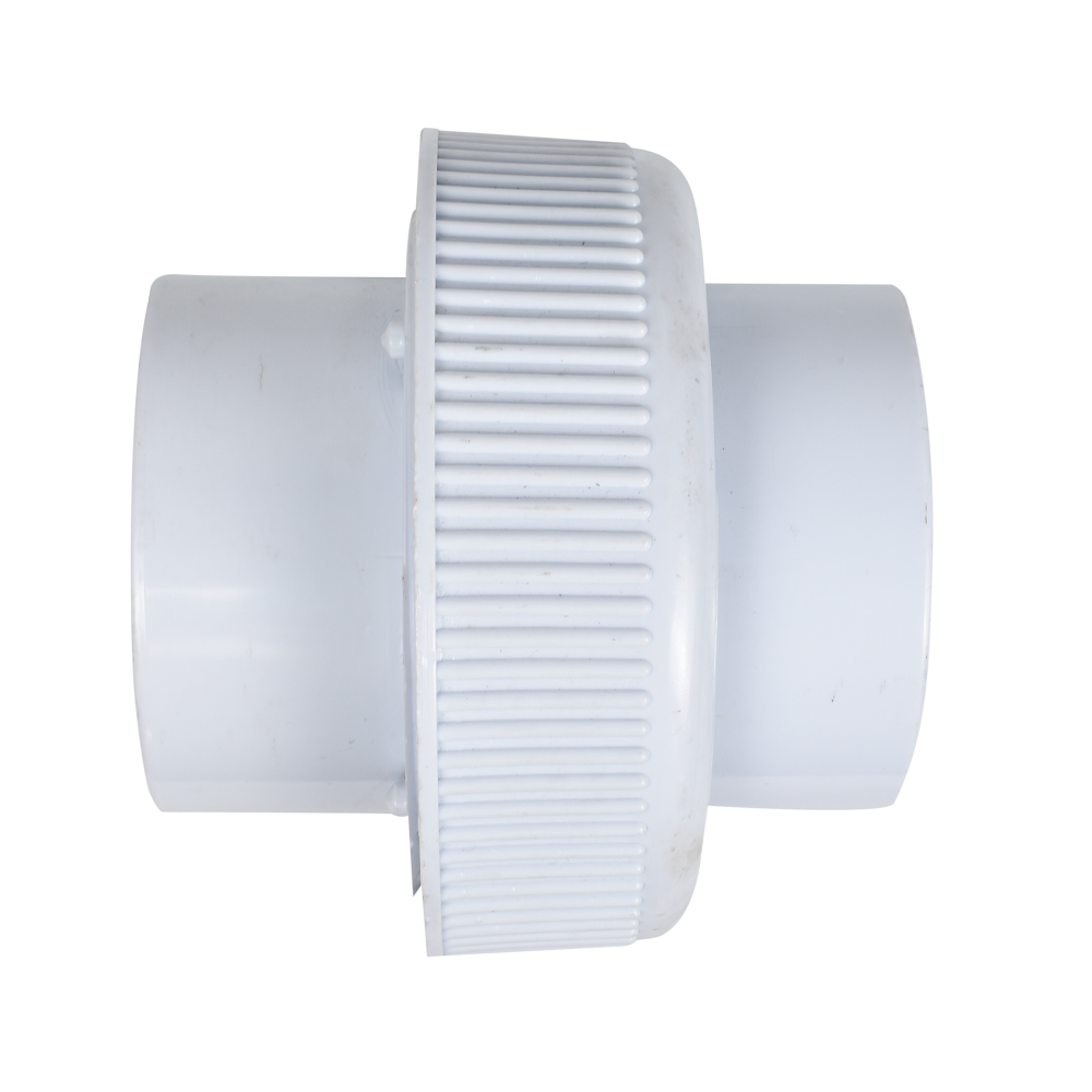 White PVC pipe union fitting with ribbed textured centre flange and smooth socket ends on both sides