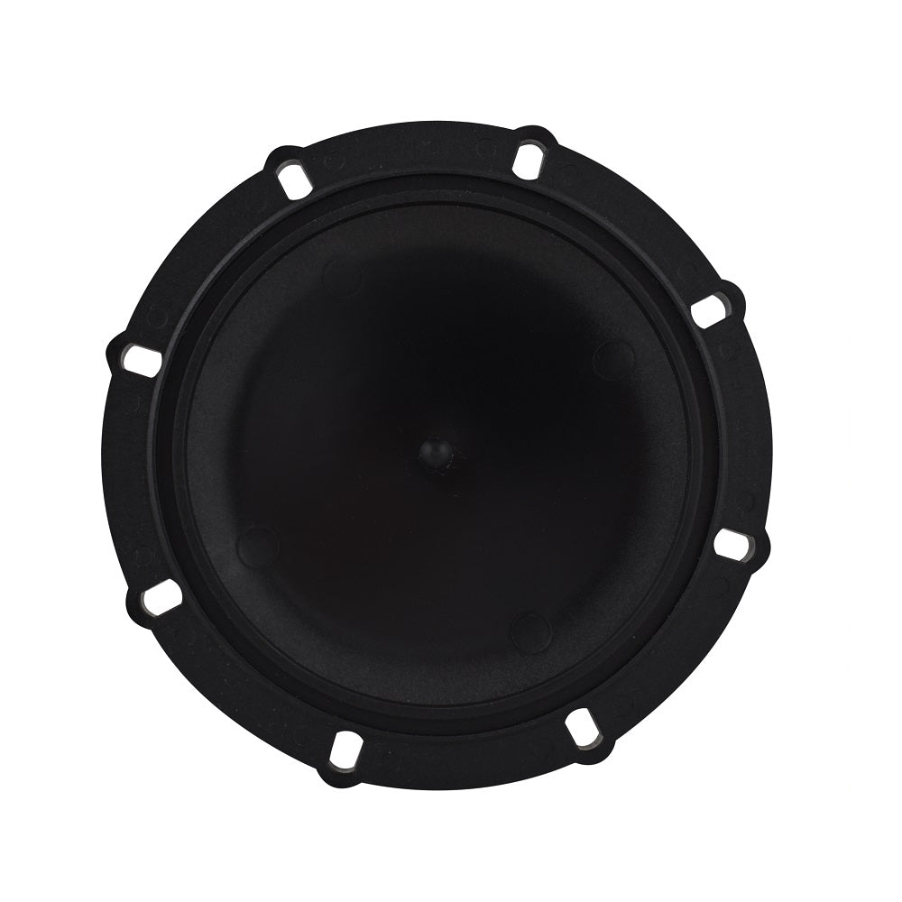 Black round filter lid with O-ring groove, multiple mounting slots, and smooth domed centre surface, viewed from above