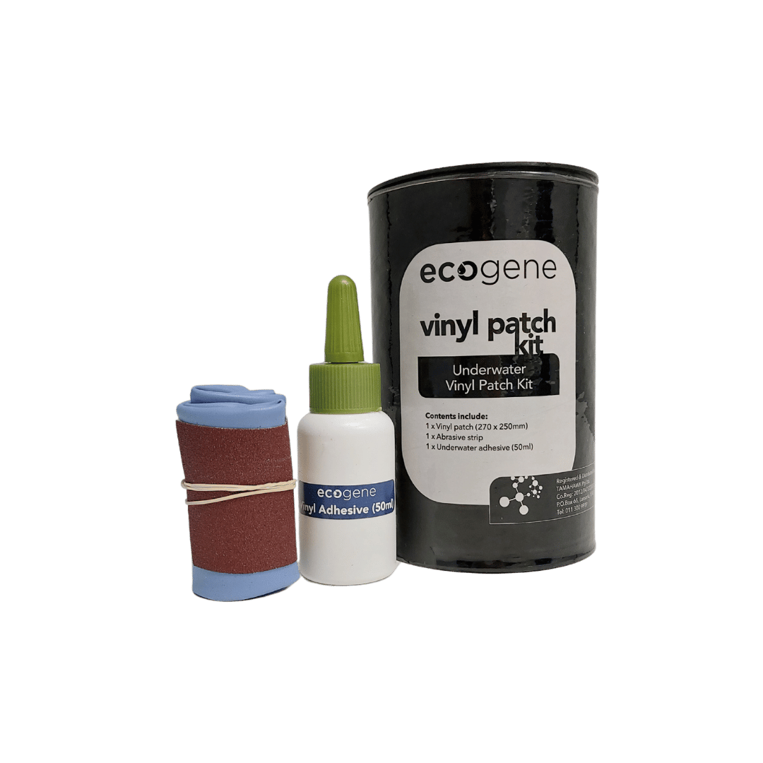 Ecogene underwater vinyl patch kit with black tin, 50ml adhesive bottle, blue vinyl patch and abrasive strip
