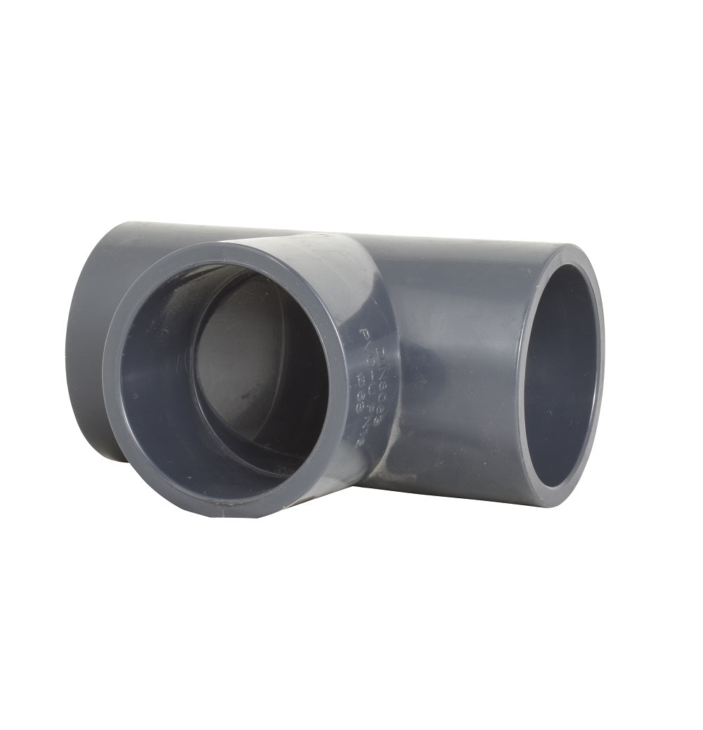 Grey PVC T-piece pipe fitting 63mm with three open socket ends on white background