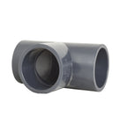 Grey PVC T-piece pipe fitting 63mm with three open socket ends on white background