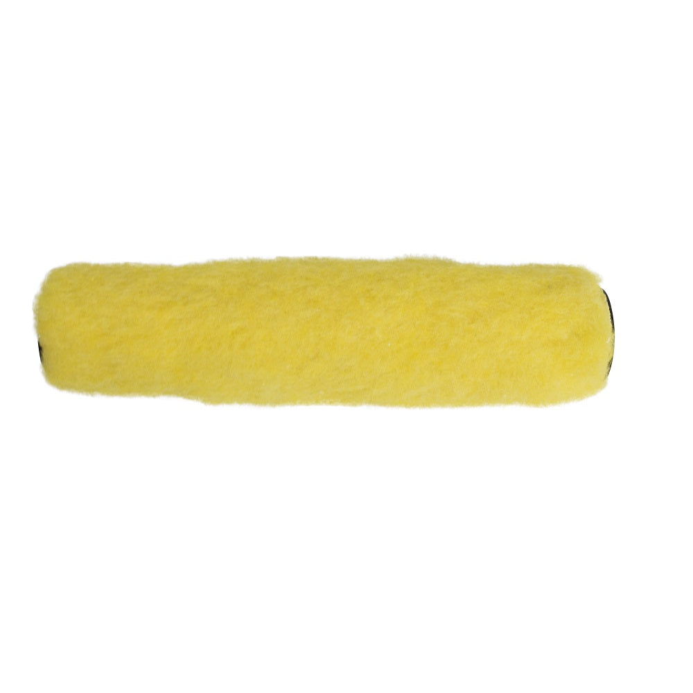 Paint roller refill 230mm with yellow fluffy fibreglass sleeve and black end caps on white background