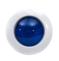 Eartheco pool LED light with blue lens and white plastic round flange, featuring dot-pattern LED array, front view