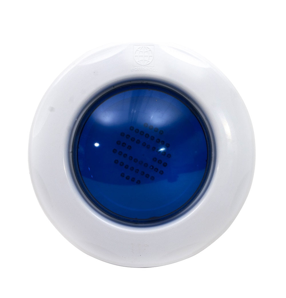 Eartheco pool LED light with blue lens and white plastic round flange, featuring dot-pattern LED array, front view