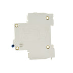White plastic 16A circuit breaker rear view with gold terminals, blue connector, and bilingual auxiliary access instructions molded in housing