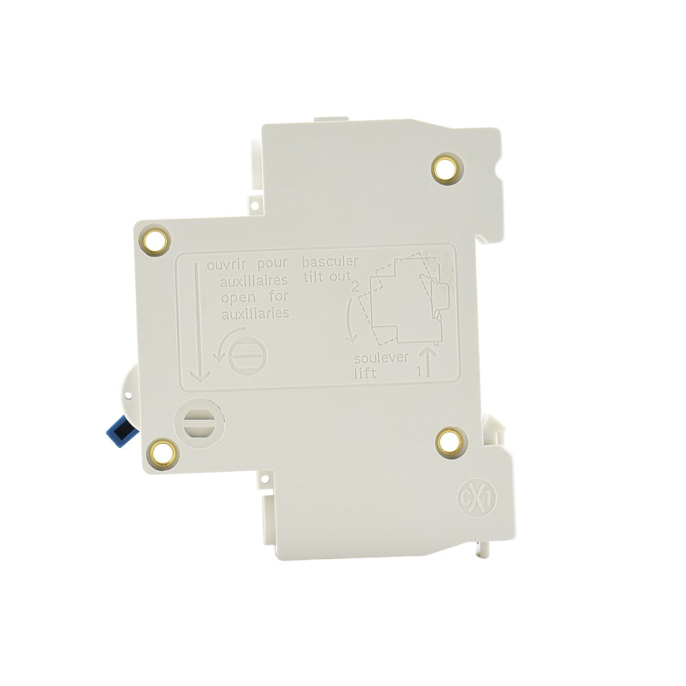 White plastic 16A circuit breaker rear view with gold terminals, blue connector, and bilingual auxiliary access instructions molded in housing