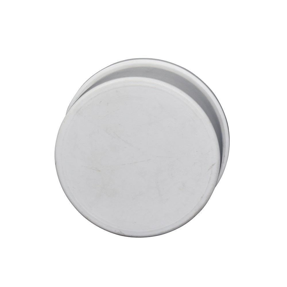 White PVC 50mm round end cap fitting with smooth flat face and ribbed edge, top-down view
