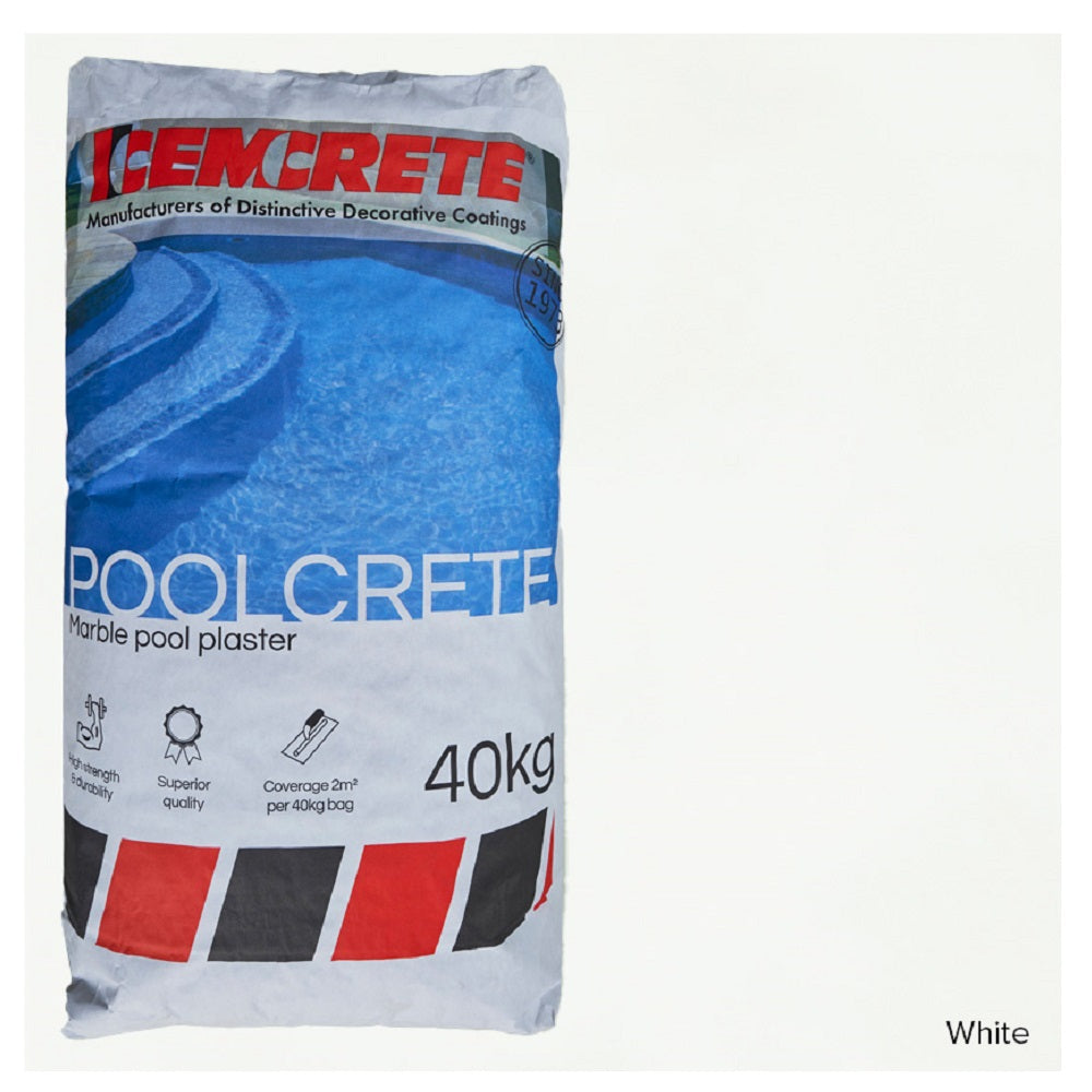 Cemcrete Poolcrete white marble pool plaster 40kg bag with blue and red stripe packaging