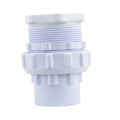 White PVC Poolskim Union fitting by EartheCo with threaded male end and ribbed union collar, isolated on white