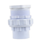 White PVC Poolskim Union fitting by EartheCo with threaded male end and ribbed union collar, isolated on white