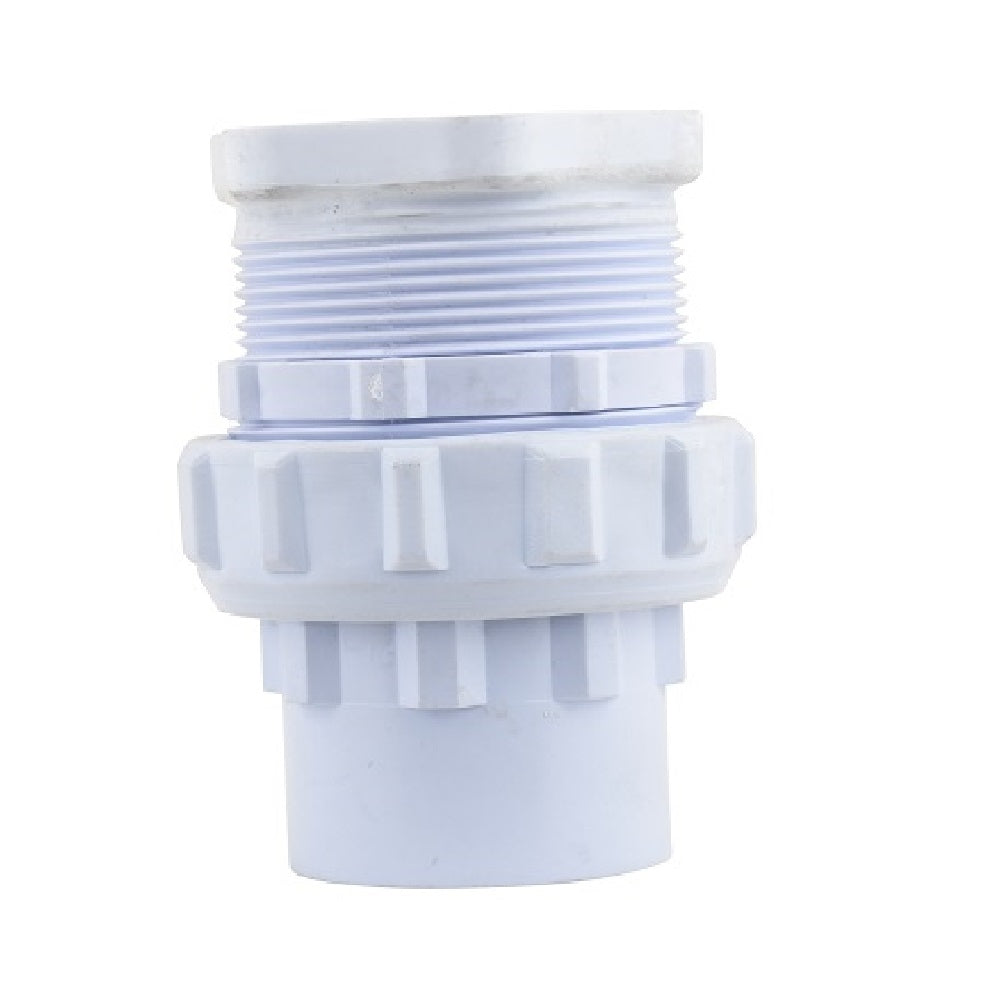 White PVC Poolskim Union fitting by EartheCo with threaded male end and ribbed union collar, isolated on white