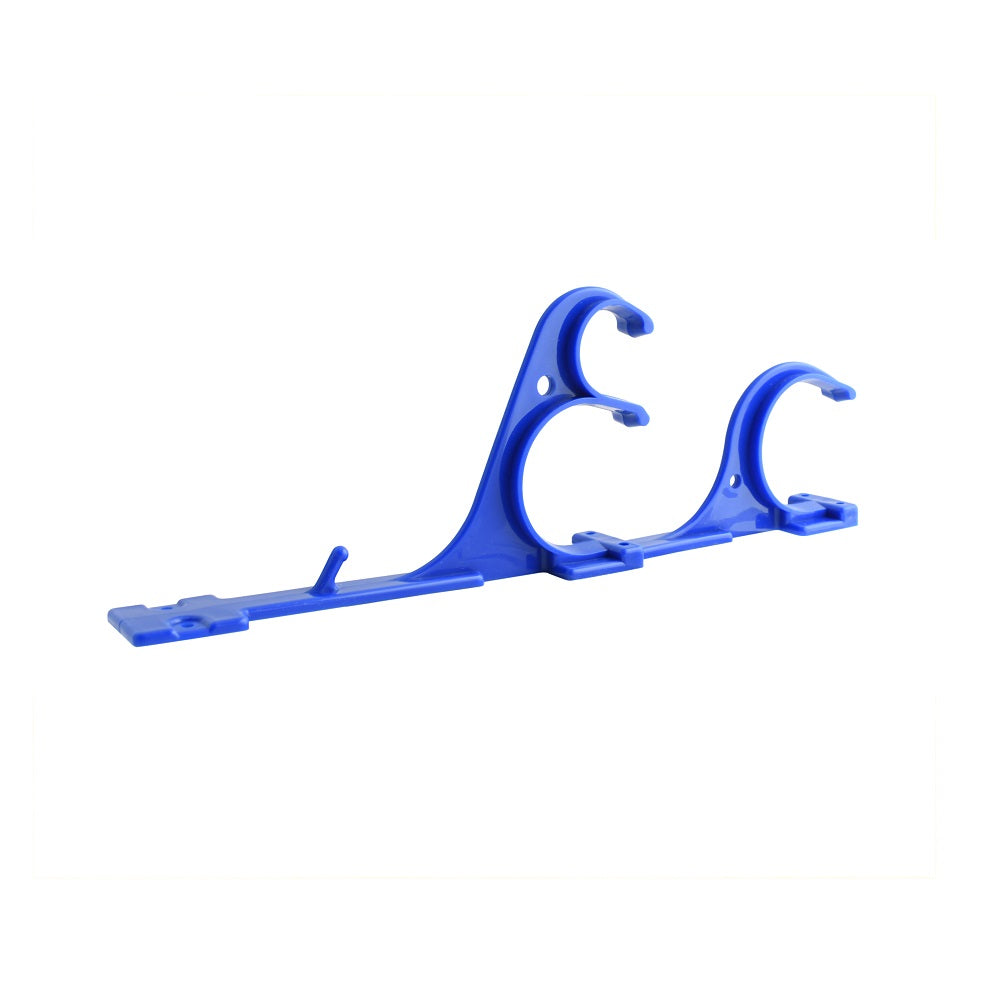 Blue plastic pool pole hanger with two C-shaped clips and elongated mounting rail for wall storage