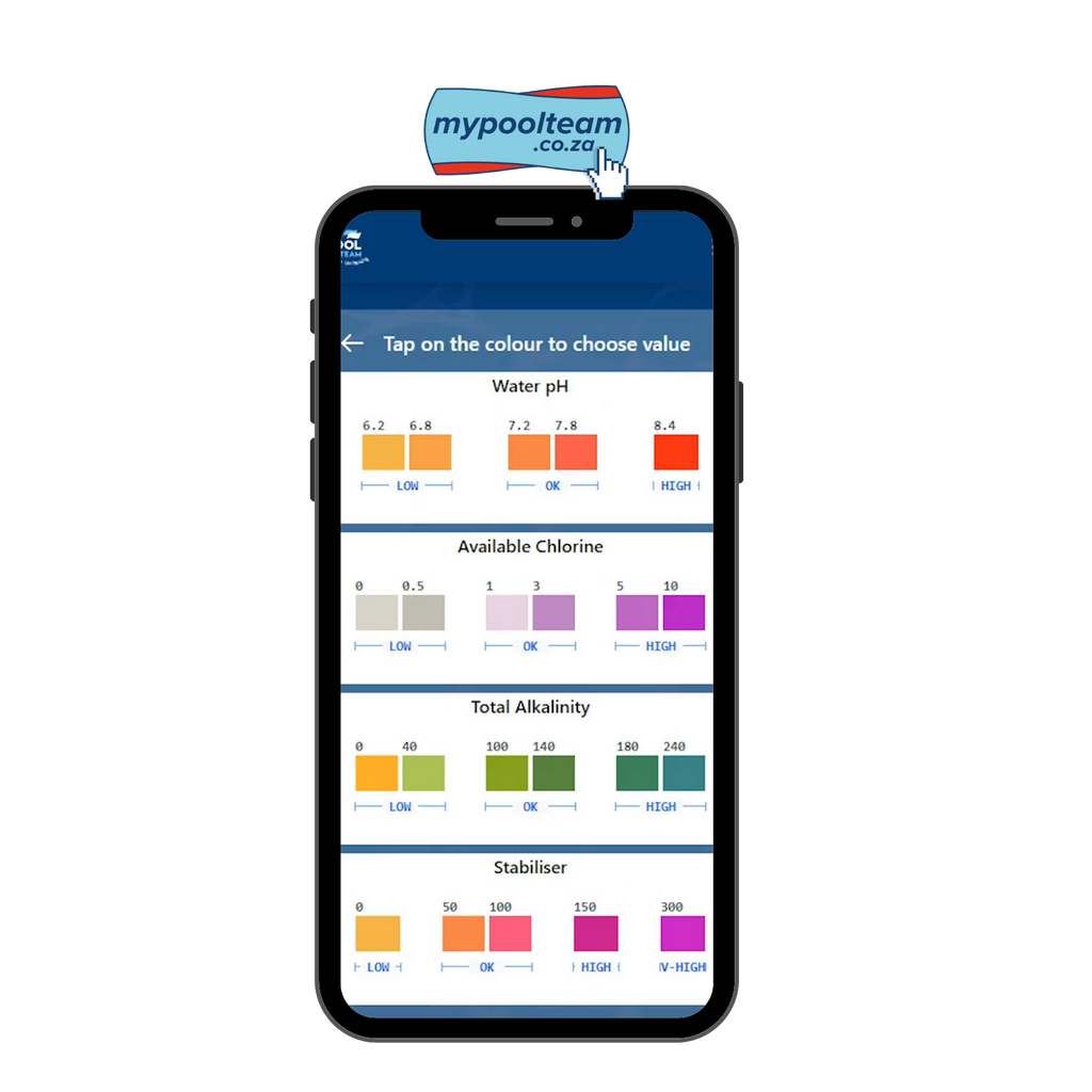Mypoolteam app on smartphone showing Aqua Pro 4-in-1 Test Strips colour chart for pH, chlorine, alkalinity and stabiliser readings