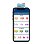 Mypoolteam app on smartphone showing Aqua Pro 4-in-1 Test Strips colour chart for pH, chlorine, alkalinity and stabiliser readings