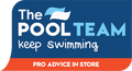 The Pool Team logo on navy blue badge with "keep swimming" tagline and orange "Pro Advice In Store" banner