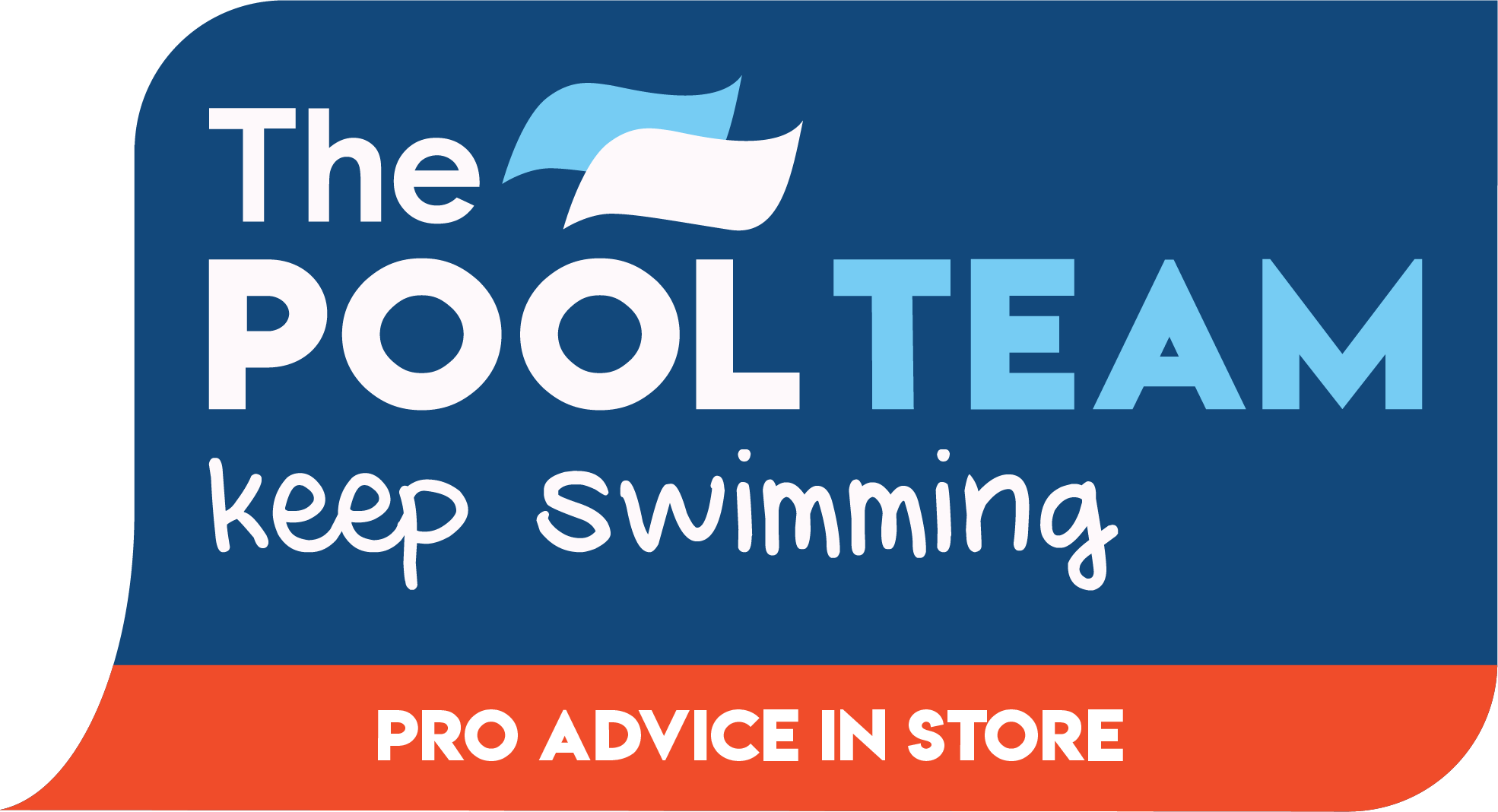 The Pool Team logo on navy blue badge with "keep swimming" tagline and orange "Pro Advice In Store" banner