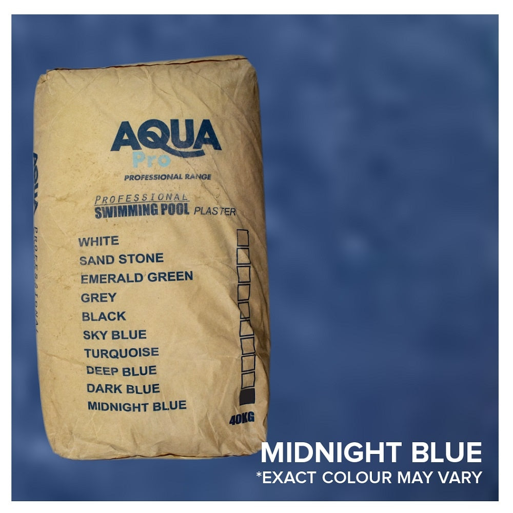 Aqua Pro 40kg kraft paper bag of Midnight Blue professional swimming pool plaster, against a deep blue background