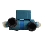 UV steriliser unit in teal plastic housing with dual black threaded inlet and outlet unions and top-mounted control box