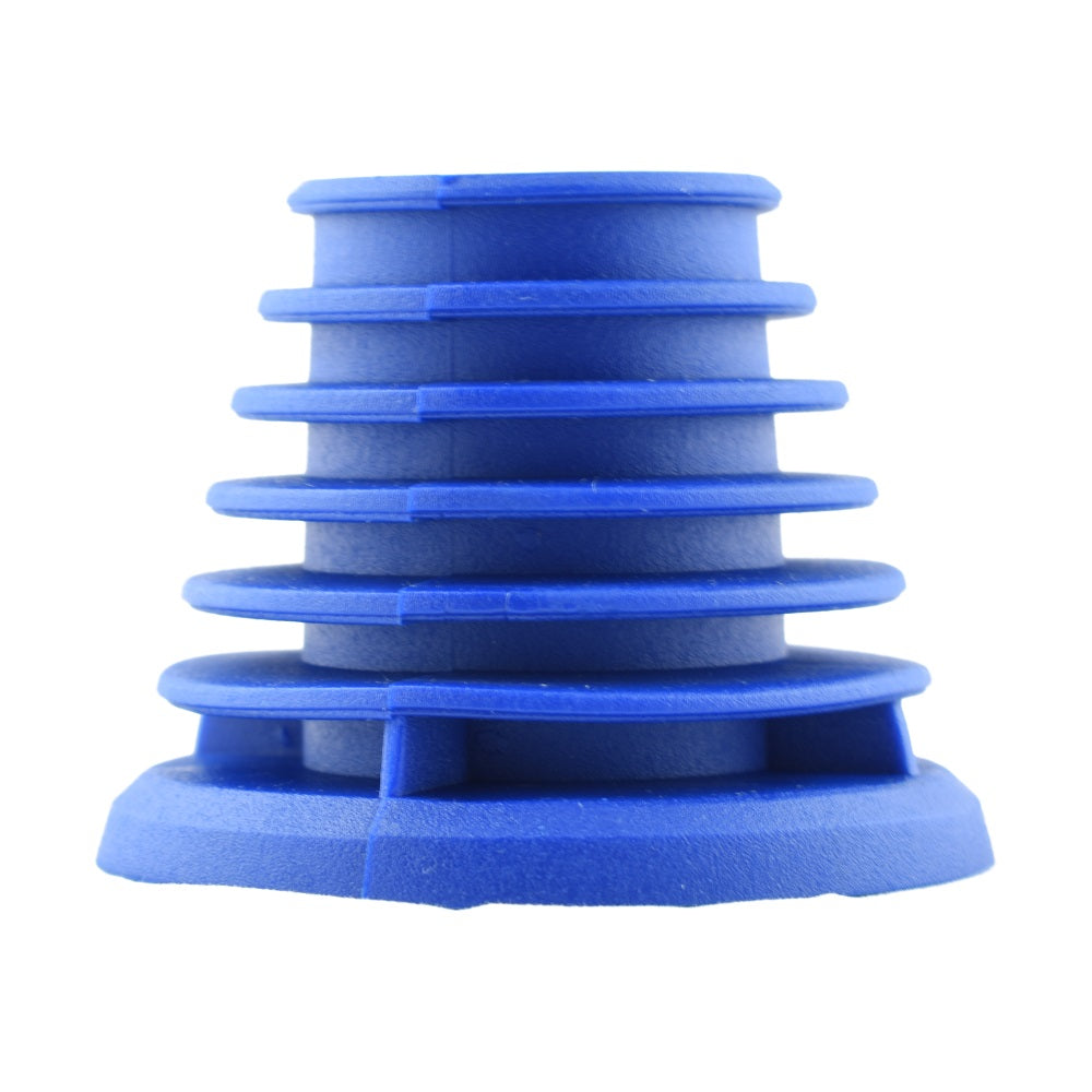 Blue rubber pool cleaner weir adaptor with stepped ridged cone shape and wide flat base flange