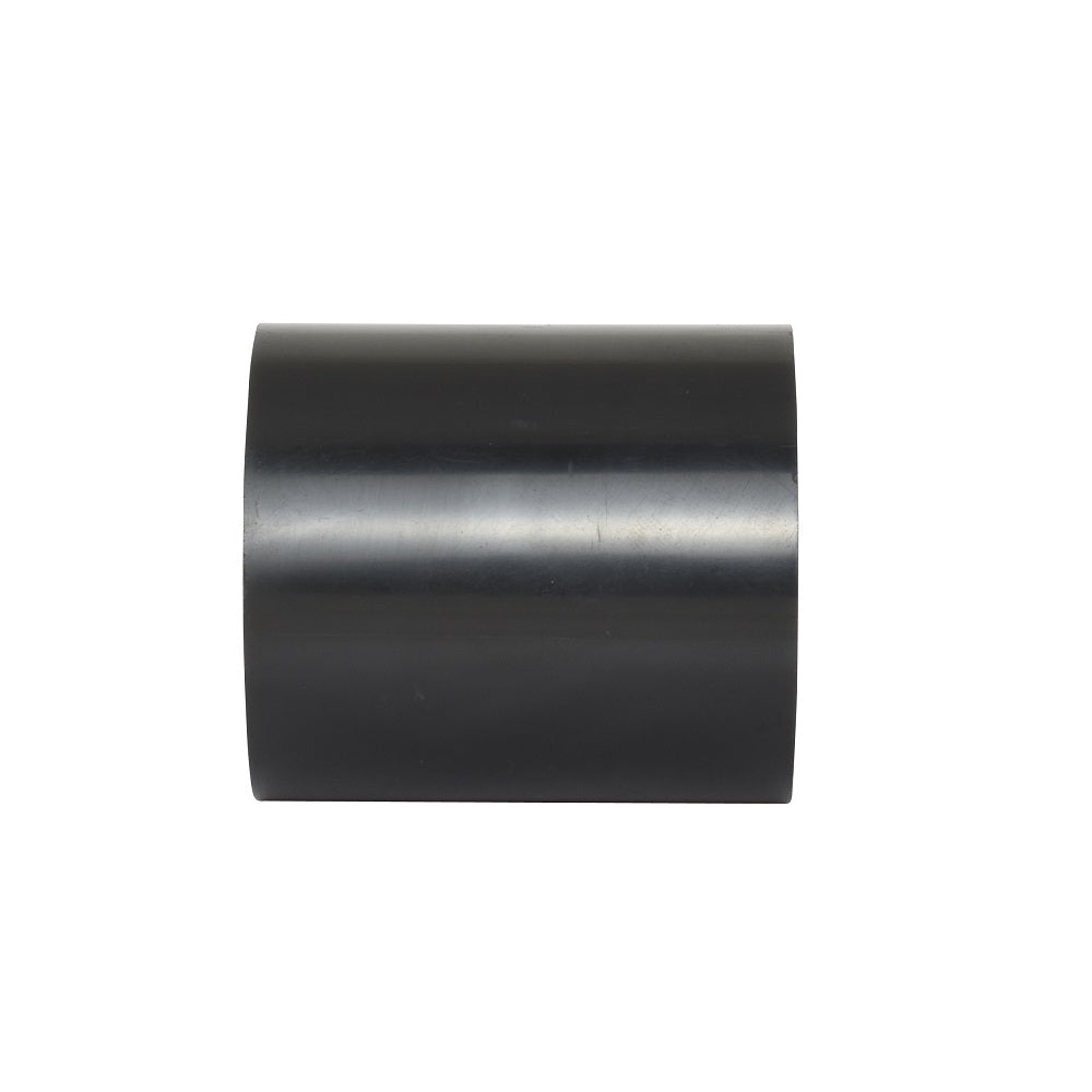 Black PVC straight pipe coupling connector, 50mm diameter, short cylindrical barrel, smooth matte finish, plain open ends
