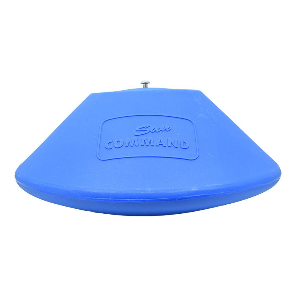 Blue plastic Sun Command safety net float with embossed logo and metal pin, fan-shaped design, pool heating accessory